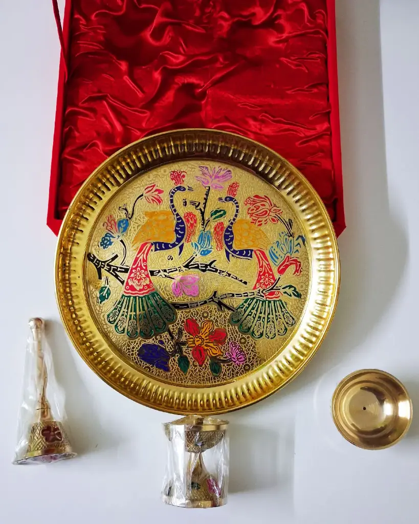  Brass Pooja Set Peacock Color Embossed Design | Handcrafted for Pooja (Multicolor - 23L x 5W CM) 9 Inches