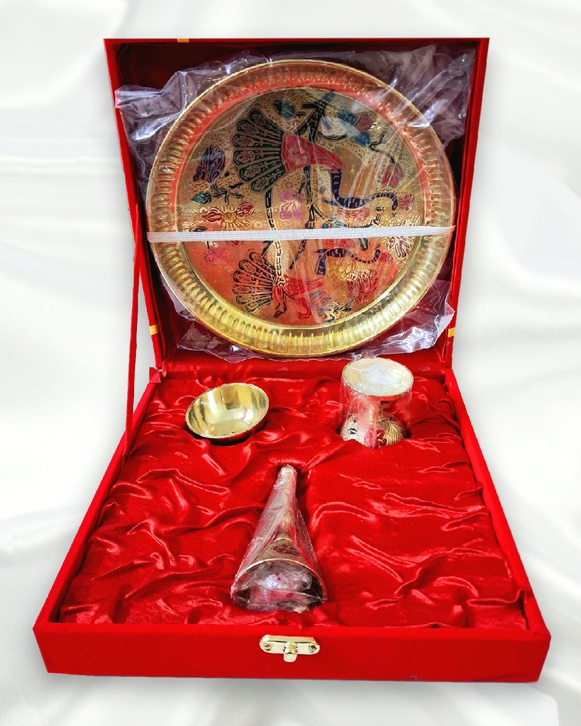 Brass Pooja Set Peacock Colour Embossed Design | Handcrafted for Pooja and Premium Return Gifts (Multicolour - 23L x 5W CM) 9 Inches