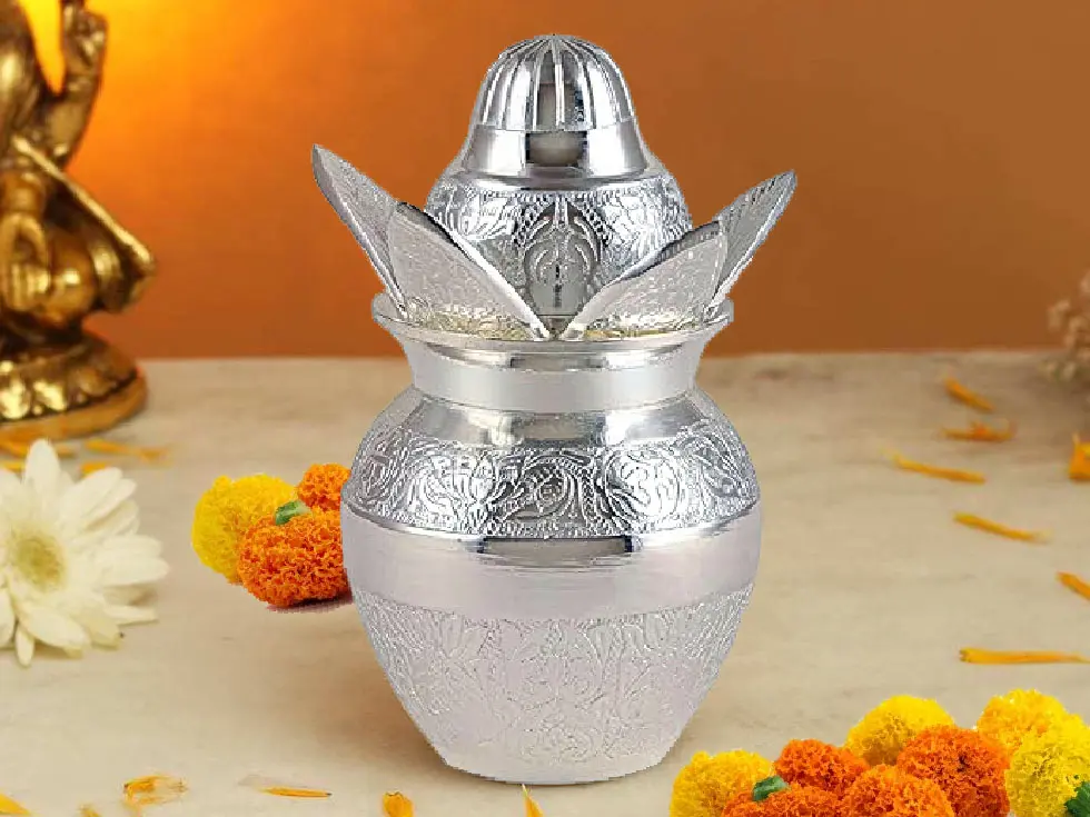 German Silver Kalash with Coconut,Leaves with Royal Red Velvet Box for Pooja, Home Decor, Wedding Gift
